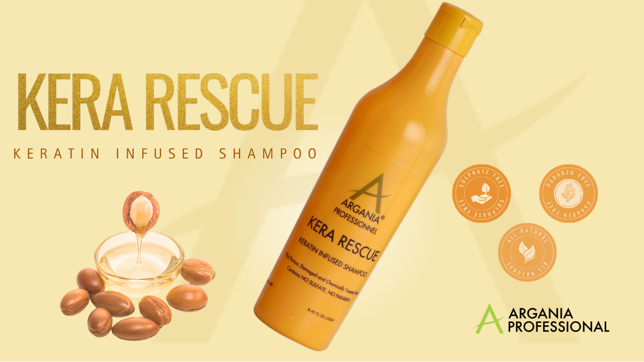 Kera Rescue shampoo bottle with Argania Professional branding on a beige background