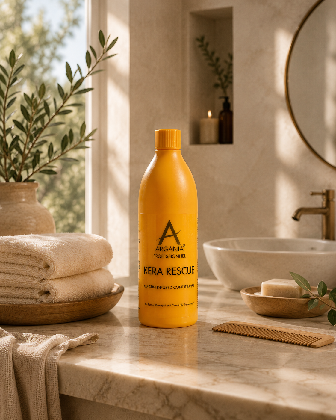 Yellow bottle labeled 'Kera Rescue' on a bathroom counter with towels and plants in the background
